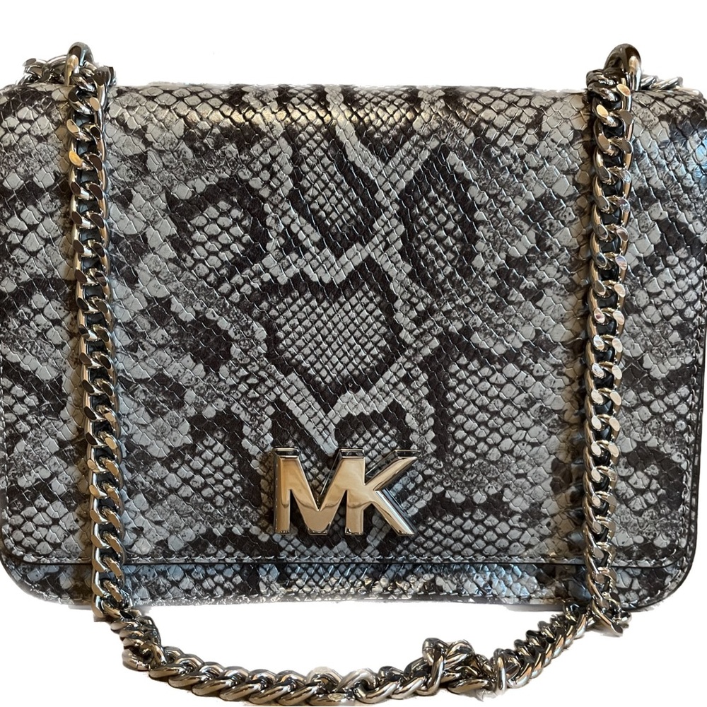 Michael Kors Pearl Gray multi long chain shoulder embossed leather purse.